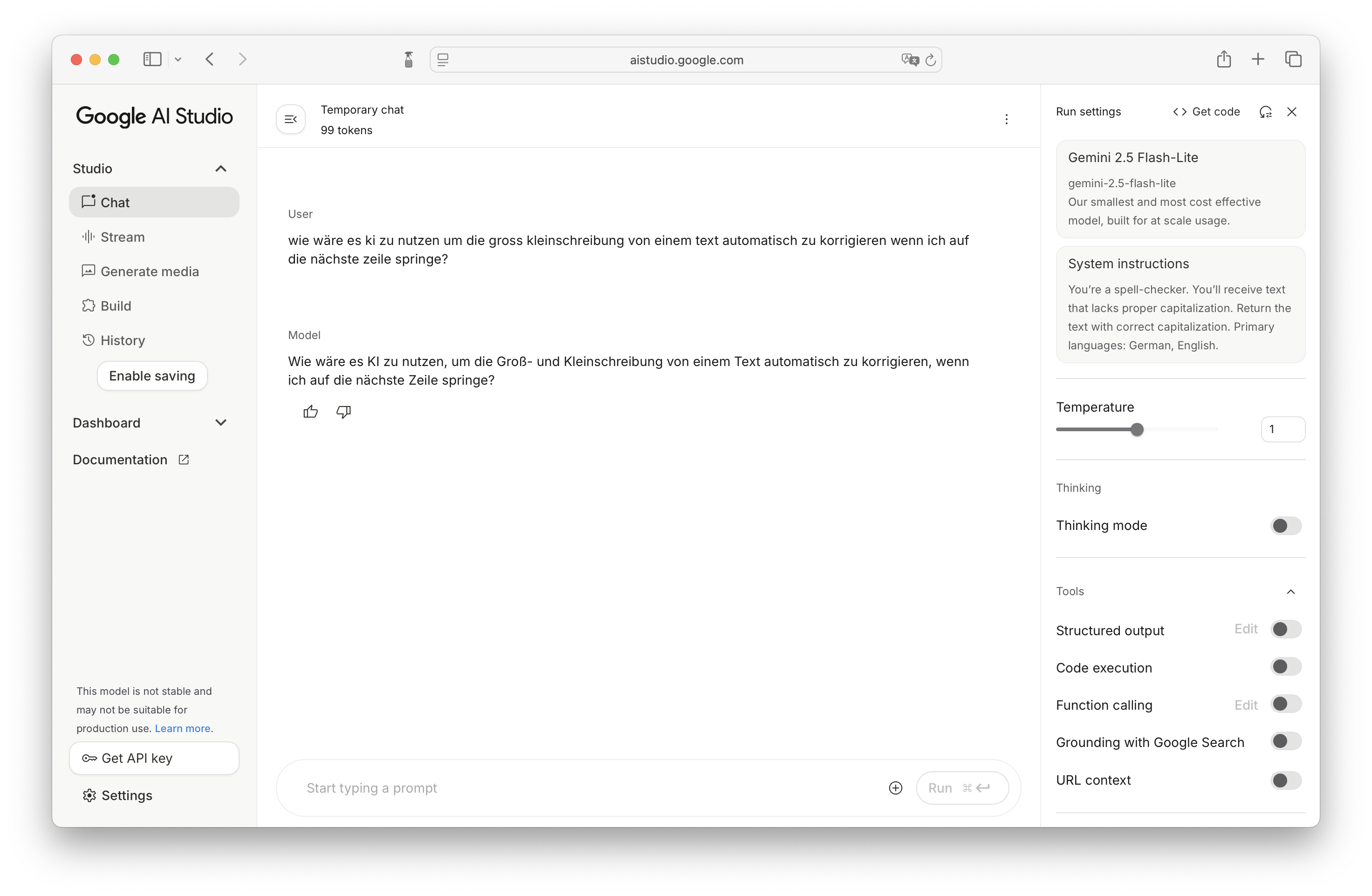 Screenshot of Google AI Studio